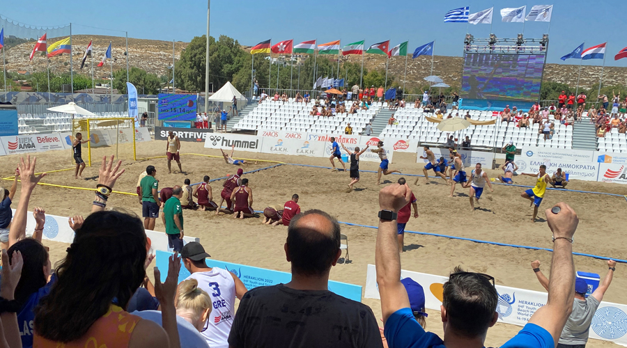 Greece men celebrate their quarter-final victory over Croatia at Greece 2022