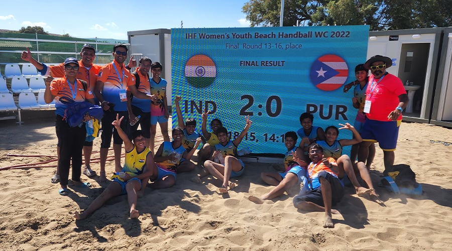 India after winning their first-ever beach handball world championship game as a nation