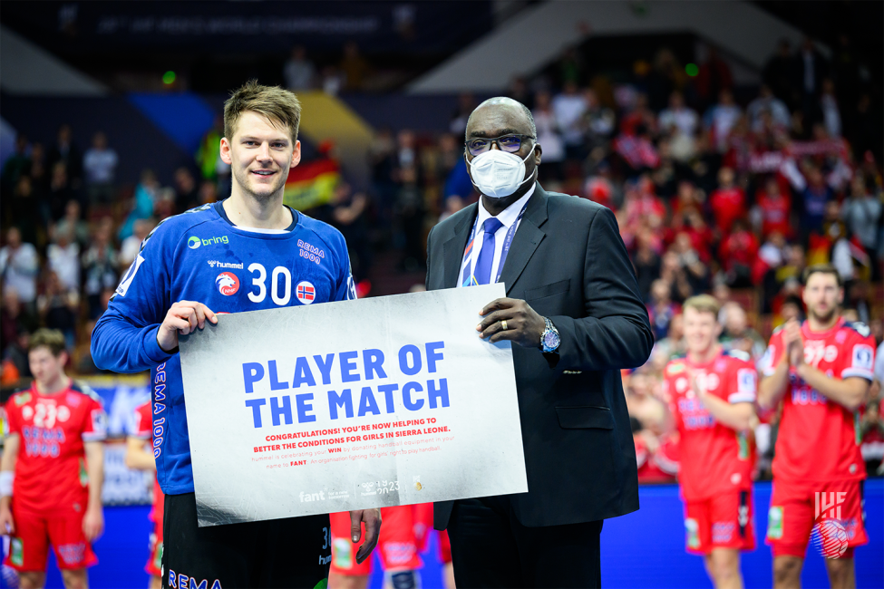 Player of the match award to Norway's goalkeeper