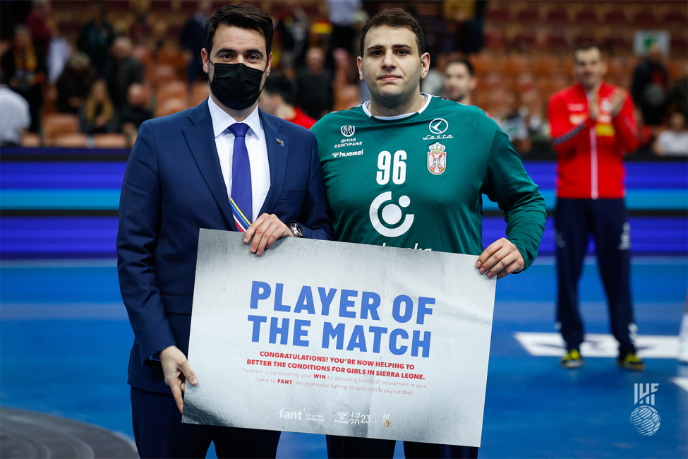 Player of the match award to Serbia's goalkeeper